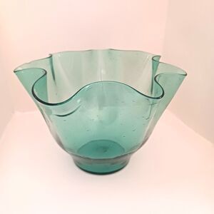 Art Glass Controlled Bubble Bullicante Handkerchief Bowl Blue Green Vintage MCM